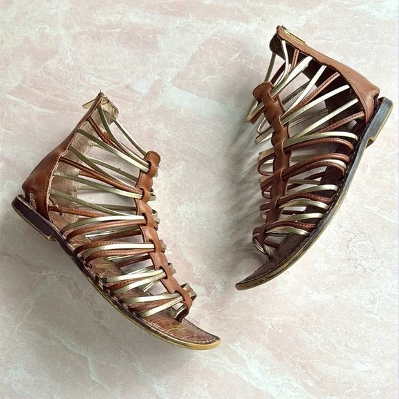 Sam Edelman Kamille Gladiator Strappy Gold and Tan Sandals Sz 8 Women's - Picture 2 of 12